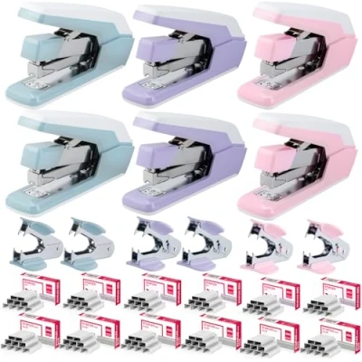 Image of Deli Stapler, Effortless Staplers for Desk, 40 50 Sheet Capacity Heavy Duty One Touch, No Effort, Easy to Load, Stapler with 1500 Staples &amp; Staple Remover, 6 Pack, 3 Colors