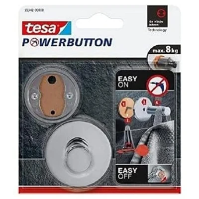 Image of tesa Powerbutton Premium Self Adhesive Hook Round Chrome Plated Metal Bathroom Towel Holder Max Load 8 Kg