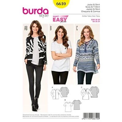 Image of Burda B6610 Jacket and T Shirt White Paper Sewing Pattern 19 x 13 1cm [English Language Not