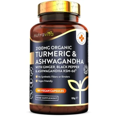 Image of Nutravita Turmeric &amp; Ashwagandha KSM 66 ® 180 High Strength Capsules with Ginger Black Pepper Organic Tumeric Supplement Vegan Gluten Free UK Made