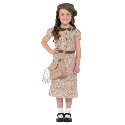 Image of Smiffys Evacuee Girl Costume, Patterned with Dress, Satchel, ID Tag &amp; Beret, Girls Fancy 1940s Dress Up Costumes