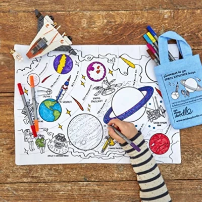 Image of eatsleepdoodle Colouring Placemat For Kids w/ 10pk Washable Markers 33x47cm Space Explorer Ultra &amp; Reusable Arts and Crafts