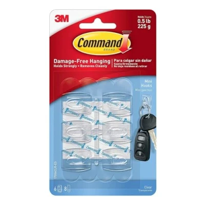 Image of Wholesale CASE of 25 3M Command Reusable Damage Free Mini Hooks w/Adhesive Strip, 6/PK, Clear by