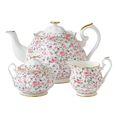 Image of Royal Albert Modern Vintage ROSCON25823 Teapot, Sugar Box, Creamer, 3 Piece Set Rose Confetti, Bone China, White,