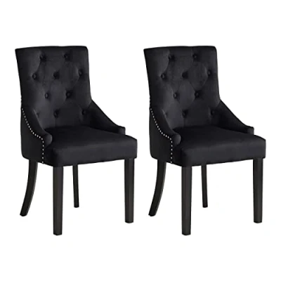 Image of BonChoice Set of 2 Black Velvet Dining Chairs with Knocker Studded Legs for Room Kitchen Upholstered Accent Side Bedroom, Living Room, Button Tufted Armchair