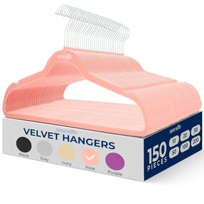 Image of SereneLife 150 Pieces Velvet Hangers Space Saving Heavy Duty Slim Suit Clothes Hanger Set with 360 Degree Swivel Metal Hook, Can Hold Up to 10 Lbs. For Coats, Jackets, Pants &amp; Dress (Purple)