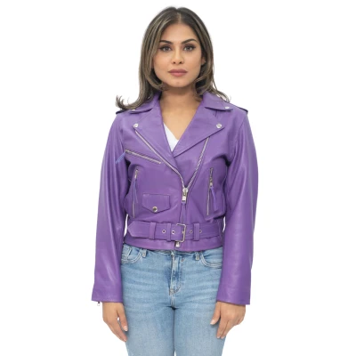 Image of Women&#039;s Classic Purple Brando Real Cow Hide Leather Biker Motorcycle Jacket S