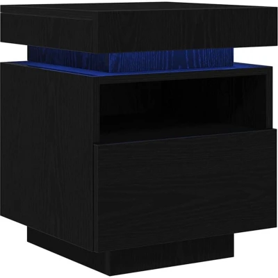 Image of vidaXL Set of 2 Black Oak Bedside Cabinets Engineered Wood Nightstands with LED Lighting &amp; Storage Drawers for Bedroom