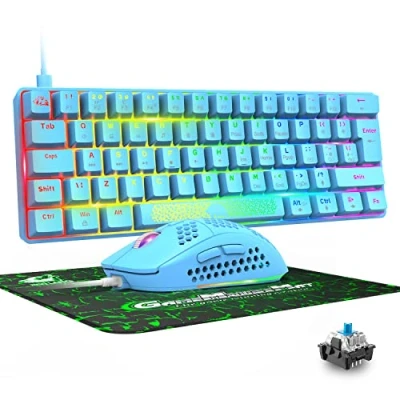 Image of Mechanical Gaming Keyboard &amp; Mouse Combo Set, RGB Backlit Keys, Dedicated Multi Media Mini 60% Keyboard, Spill Resistant, 6400dpi Programmable Mouse, Mice Pad, QWERTY UK Layout Blue