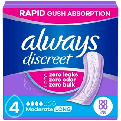 Image of Always Discreet Adult Incontinence Pads for Women, Moderate Absorbency, Long Length, Postpartum Pads, 88 CT