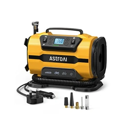 Image of AstroAI Tyre Inflator Air Compressor 150PSI, Power Supply 12V DC / 230V AC, Car Pump with Dual Metal Motors &amp; LED Light, Accessories for Car, Bicycle and Mattresses (Yellow)