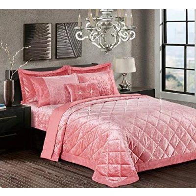 Image of swift 3 Piece Quilted Bedspread/Bed Throw with Pillow Shams Luxury Premium Quality Crushed Velvet (Blush Pink, King)