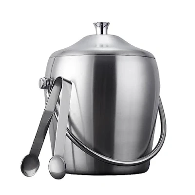 Image of Ice Container Bucket with Lid and Tongs Double Wall Insulated Stainless Steel Ideal for Cocktail Bar, Parties, Chilling Wine, Champagne Buckets Parties (Color : 1.2L)