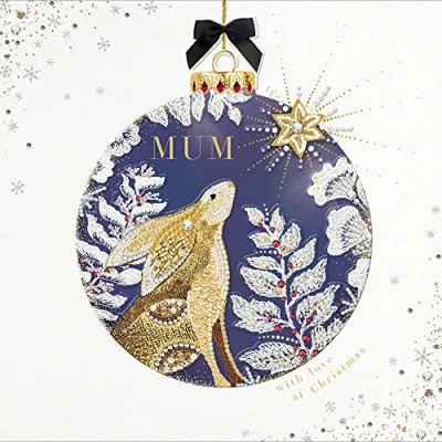 Image of Mum Xmas Bauble Festive Hare Embellished Christmas Card Greeting Cards 496240