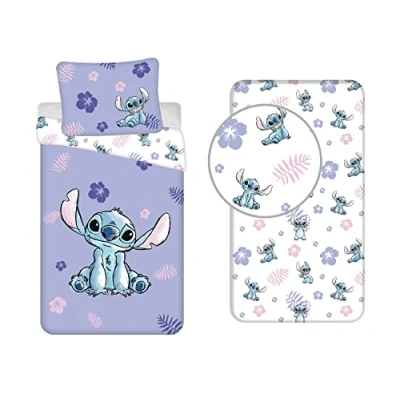 Image of Jerry Fabrics Lilo &amp; Stitch 3 Piece 100% Cotton Bedding Set Duvet Cover 140 x 200 cm + Pillowcase 65 Fitted Sheet