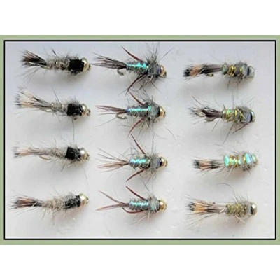 Image of Hares Ear Trout flies, 12 Pack Gold head Ear,Evils, Flash &amp; Standard,10/12