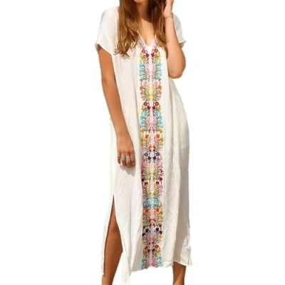 Image of YouKD Wemon&#039;s Summer Cotton Long Kaftan Maxi Dress Bohemian Swimsuit Beach Cover Up Robes