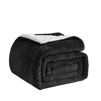 Image of Good Nite Throw Blanket Sofa 130x150cm Fleece Fluffy Sherpa Blankets For Sofas Bedspread Travel Soft, Machine Washable (Single,Black)
