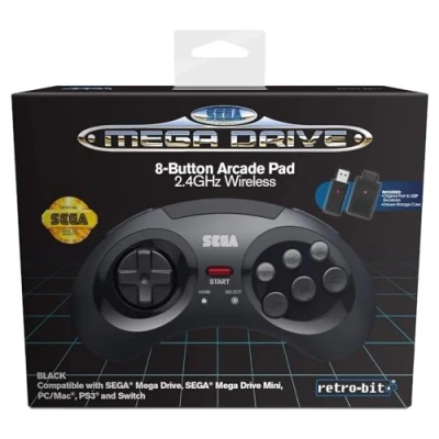 Image of Retro Bit Official Sega Mega Drive 8 Button 2.4Ghz Wireless Arcade Pad for MINI Console, PC, Switch, macOS, Playstation 3, Steam, RetroPie, Raspberry Pi (Black)