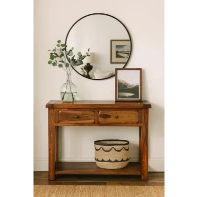 Image of Oak and Pine Online Classically Modern Dark Wood Valencia Solid Sheesham Rosewood Fully Assembled Console Table Living Room Furniture