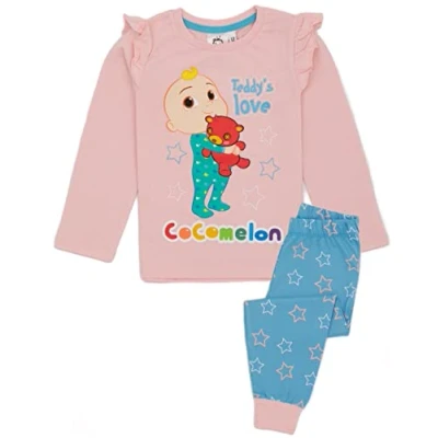 Image of CoComelon Girls Pyjama Set Kids Pink Loungewear T Shirt &amp; Pants PJ Bundle JJ Teddy&#039;s Love Long Sleeve Tee Leg Bottoms Pajama for Her Nightwear Merchandise Gift Children