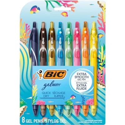 Image of Bic Gel ocity Quick Dry Fashion Pens, Medium Point (0.7mm), Assorted Colors, Retractable Pens with Comfortable Full Grip, 8 Count Pack