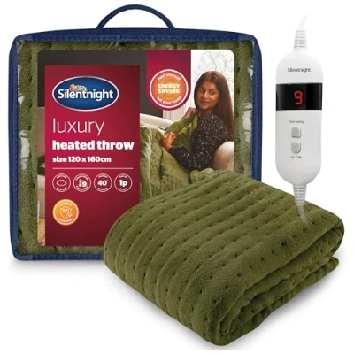 Image of Silentnight Comfort Control Heated Throw Blanket Luxury Fleece Electric for Sofa Bed with 9 Heat Settings, Fast up and Safety Shut Off Machine Washable 120x160cm, Olive Green