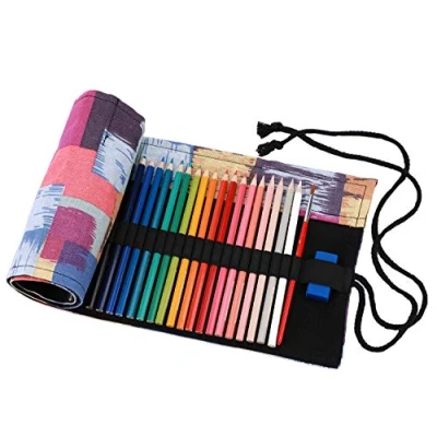 Image of Amoyie Canvas Color Pencil Bag Hand Roll Up Case for 72 Coloring Gel Pen Artist Pen, Portable Beige Holes