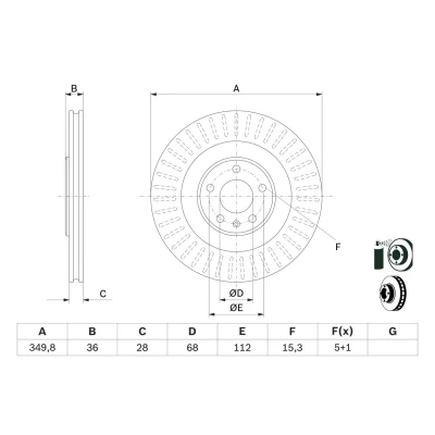 Image of 4M0615601J, 4M0615601P Brake disc BOSCH 0 986 479 E41 349,8mm 28mm 5 112mm Vented Coated AUDI: Q7, A8, A6 C8 Saloon, VOLKSWAGEN: Touareg III