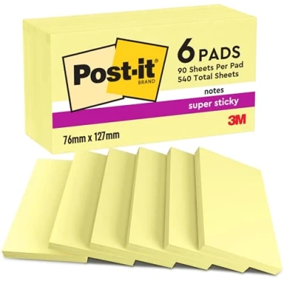 Image of Post it Super Sticky Notes, Double the Sticking Power, 6 Pads, 540 Sheets, 76 mm x 127 mm, Canary Yellow Self Notes for Walls, Monitors and Fridge