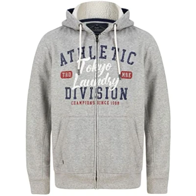 Image of Tokyo Laundry Men&#039;s Teric Zip Through Hooded Top with Fleece Lined Hood Light Grey Marl S