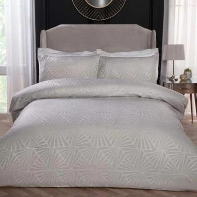 Image of Sleepdown Super Soft Geometric Luxury Lurex Jacquard Ivory Deco Easy Care Cosy Duvet Cover Quilt Bedding Set with Pillowcases Double (200cm x 200cm), Polyester
