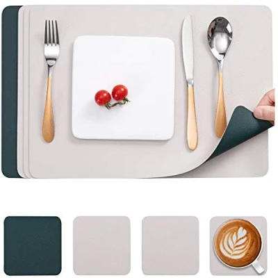 Image of Myir JUN Leather Table Mats and Coasters, Dual Sided Placemats Coasters Waterproof Set of 4 Place Non Slip Washable (Pearl White Green, 4)