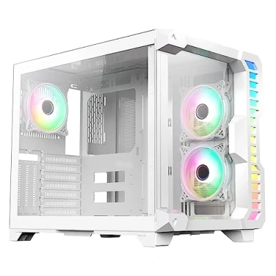 Image of CiT Pro Android X Gaming Cube, ATX Mid Tower Dual Chamber Layout with Tempered Glass Front &amp; Side Panels 3 Infinity ARGB Fans Included White