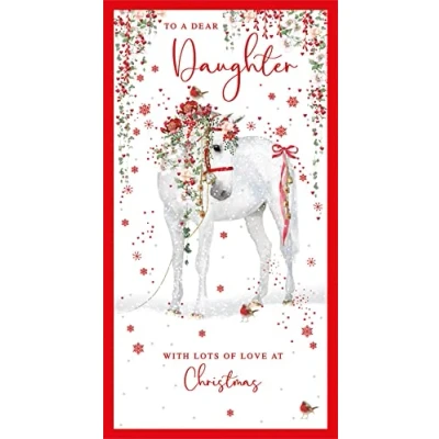 Image of Nigel Quiney Artistic Christmas Greeting Card Daughter White Horse Illustration With A Red Foil Finish From The Pizazz Range