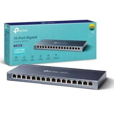 Image of TP Link 16 Port Desktop Gigabit Ethernet Switch/Hub, Splitter, Plug &amp; Play, no configuration required, Steel Case(TL SG116), Grey