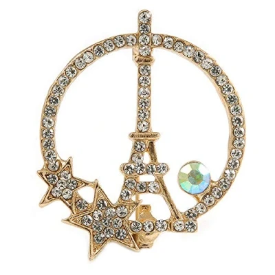 Image of Avalaya Gold Tone Clear/AB Crystal Eiffel Tower and Stars Brooch 40mm Tall