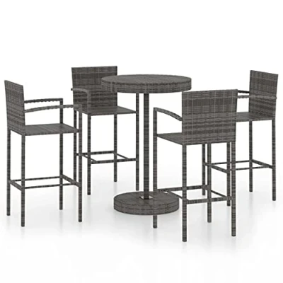 Image of vidaXL Garden Bar 5 Piece Set Poly Rattan Grey Outdoor Patio Furniture with Round Table and 4 Stools for Deck, Backyard