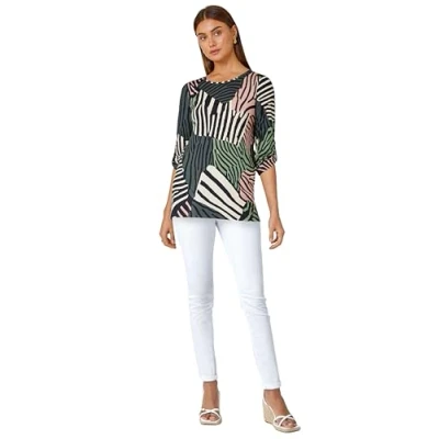 Image of Roman Originals Animal Colour Block Stretch Top for Women UK Ladies Everyday Autumn Winter Round Neckline Comfy Soft Evening Vacation Work Party Night Out Green Size 12