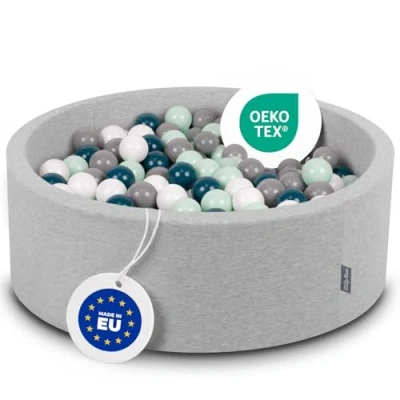 Image of KiddyMoon 90X30cm/300 Balls ∅ 7Cm / 2.75In Baby Foam Ball Pit Made In EU, Light Grey:Dark Turquoise/Grey/White/Mint