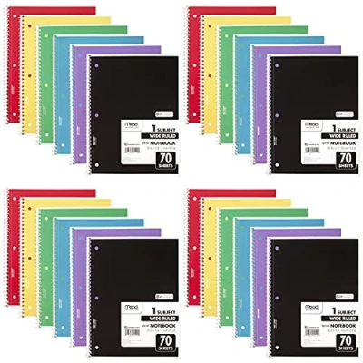 Image of Mead Spiral Notebook, 24 Pack, 1 Subject, Wide Ruled Paper, 7 1/2&quot; x 10 1/2&quot;, 70 Sheets per Color Will Vary (05510)