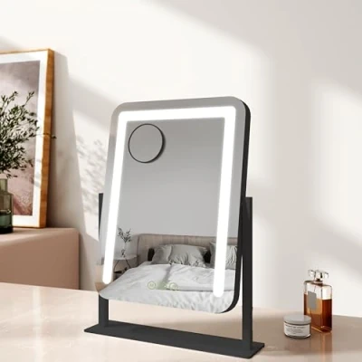 Image of EMKE Hollywood Makeup Mirror with Lights, 35 x 46 cm Small Lighted Vanity 360Rotation 3 Color Lighting Modes, 7X Magnifying Dimmable Strip Light, Black