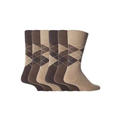 Image of 6 Pairs men&#039;s gentle grip no elastic socks 11 uk, 39 45 eur Brown argyle MGG22