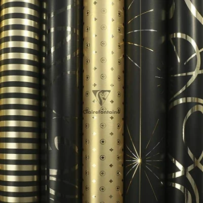 Image of Clairefontaine 212857AMZC A box of 10 rolls Gift wrap Premium 80g paper Dimensions: 2x0.70m Pattern: Geometric, Black And Gold wrapping