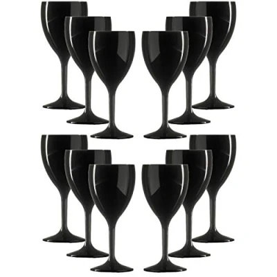 Image of Set of Elite Premium Unbreakable Reusable Polycarbonate Plastic Large Black Wine Glasses (310ml to Rim Height 18.8cm, Max Diameter 8.1cm) Realistic Alternative Glass Made in UK (12)