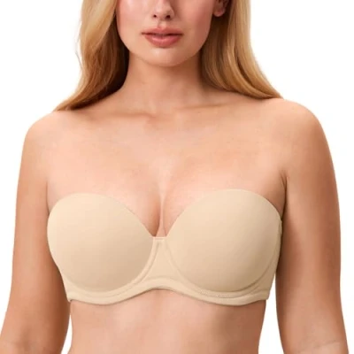 Image of Delimira Women&#039;s Strapless Bra Push Up for Bigger Bust Multiway Underwire Smooth Bandeau Light Oatmeal 42F
