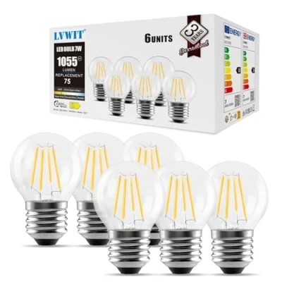 Image of LVWIT 7W E27 Screw Bulb,E27 Led Filament Bulbs,E27 Vintage Light Bulbs 75W Equivalent,1055LM,2700K Super Warm White Golfball Bulb,45 * 78MM,220 240V,Non dimmable(6 PCS)