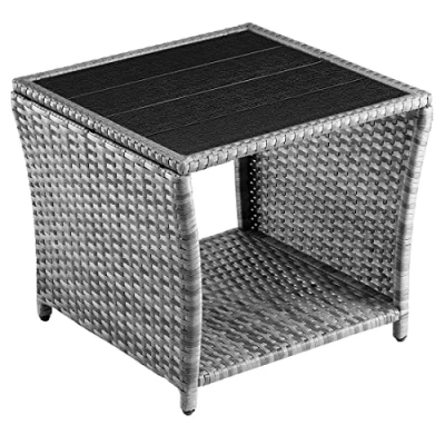 Image of CASARIA® Polyrattan Garden Side Table WPC Top 45x45x40cm 80kg Load Capacity Weatherproof Outdoor Patio Deck Balcony Furniture Coffee Adjustable Levelling Feet Grey