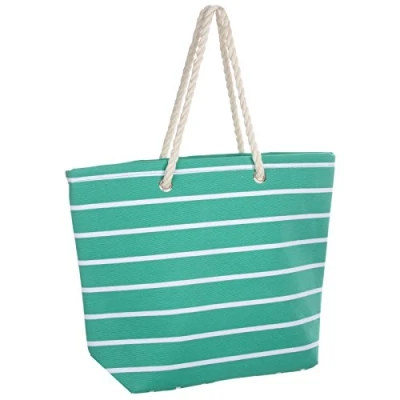Image of Womens Striped Canvas Beach Shoulder Bag Shopping Tote Green