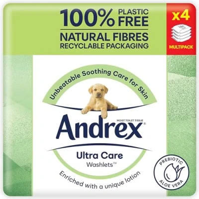 Image of Andrex Ultra Care Washlets Soothing For Skin Wet Wipes Contain Aloe Vera and Probiotics Flushable, Plastic Free &amp; Biodegradable, Pack of 4